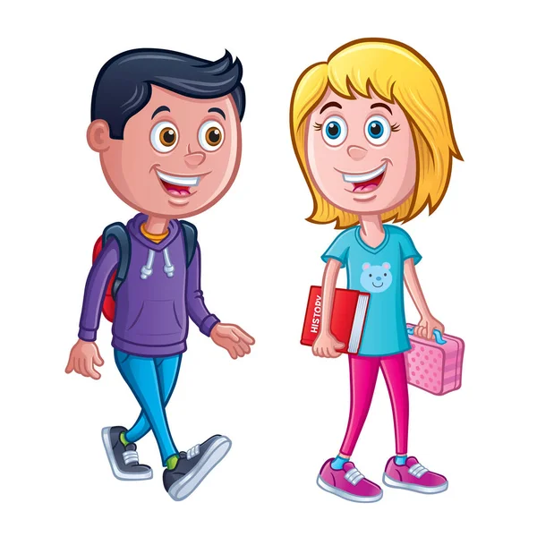 Cartoon of a boy and girl that are ready for school with backpack, lunch bag and school book.