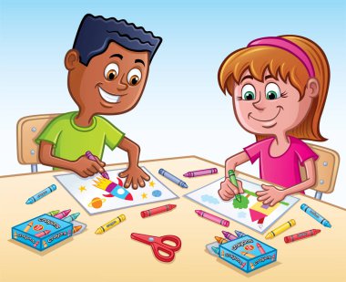 Okul Çocukları Pastel Boyayla Boyama