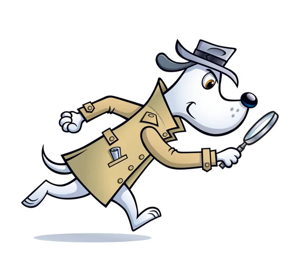 Cartoon of a dog detective character that is looking for clues with a magnifying glass and wearing a raincoat and hat.