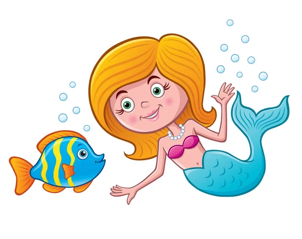 Dibujos Animados Una Linda Sirena Del Océano Con Amigo Pez — Foto de Stock