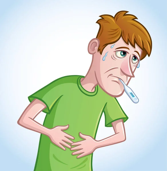 Dibujos Animados Hombre Enfermo Pálido Que Sostiene Estómago Con Gotitas Fotos de stock libres de derechos