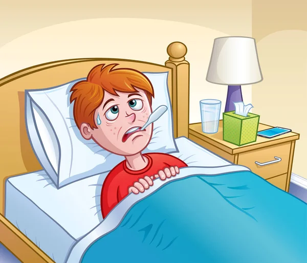 Hasta görünümlü bir çocuk çizgi filmi. Ağzında termometreyle yatıyordu. Alnından ter damlıyordu..