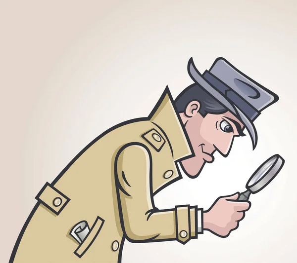 Old style retro police detective in hat and trench coat looking for clues using a magnifying glass