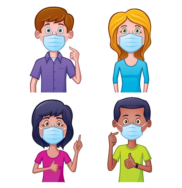 Cartoon Four People Wearing Face Masks Protection Virus Bacteria Air — Stock Photo, Image