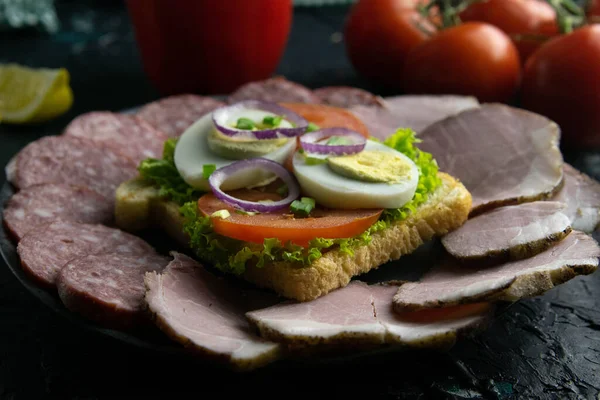 Grå tallerken med sandwich på sort baggrund, omkring salami og skinke, tomat, suppe, oliven, citron, olivenolie med krydderi . - Stock-foto