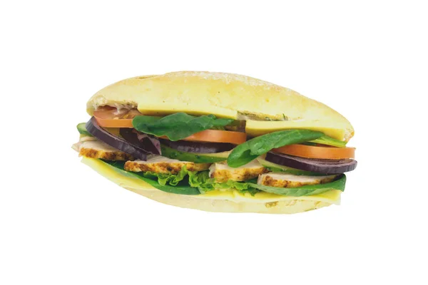 Italienisches Ciabatta Panini Sandwich mit Huhn, Käse, Tomaten, Avocado, Salat. — Stockfoto
