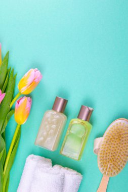 Üç havlu, vücut bakım yağı, yeşil bir dal ve yeşil arka planda bir fırça standı. Spa tedavisi kavramı, sağlıklı bir vücut..