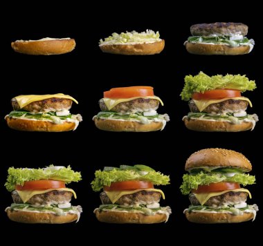 Hamburgerin işlem süreci, adım adım siyah arka planda izole. Burger genişliğinde pankart. Paylaşalım. Burger parça parça bölünmüş. Ön görünüm