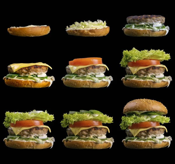 햄버거를 만드는 과정은 배경에서 차근차근 스플릿 버거는 부분으로 나뉩니다 — 스톡 사진