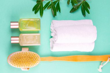 Üç havlu, vücut bakım yağı, yeşil bir dal ve yeşil arka planda bir fırça standı. Spa tedavisi kavramı, sağlıklı bir vücut..