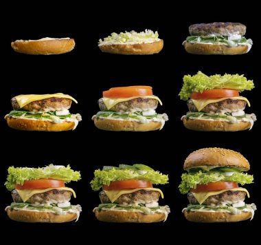 Hamburgerin işlem süreci, adım adım siyah arka planda izole. Burger genişliğinde pankart. Paylaşalım. Burger parça parça bölünmüş. Ön görünüm