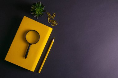 Sarı kalem, sarı defter gözlükleri, iğneler, raptiye kağıdı ve siyah arka planda büyüteç..