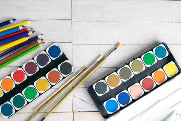 Top View Colorful Paints Brushes Creative Ideas Creativity Early Learning — Stock Photo, Image