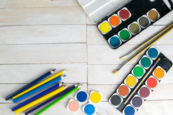 Top View Colorful Paints Brushes Creative Ideas Creativity Early Learning — Stock Photo, Image