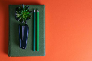 Yeşil defter turuncu bir arkaplanda, bir defterde iki yeşil kalem, bir yeşil bitki ve bir zımba var..