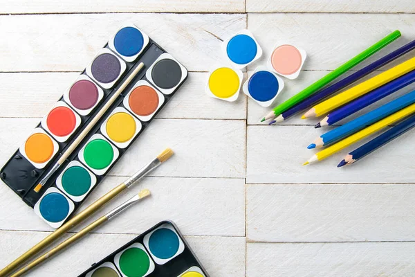 Renkli Boya Fırçaların Üst Görüntüsü Yaratıcı Fikirler Yaratıcılık Erken Öğrenme — Stok fotoğraf