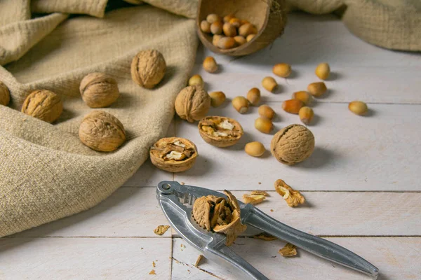 Walnüsse Einer Holzkiste Neben Einer Haselnuss Einer Kokosnussschale Nüsse Verstreut — Stockfoto