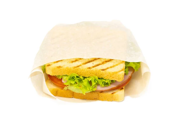 Sandwich Con Prosciutto Formaggio Pomodori Lattuga Pane Tostato Vista Frontale — Foto Stock