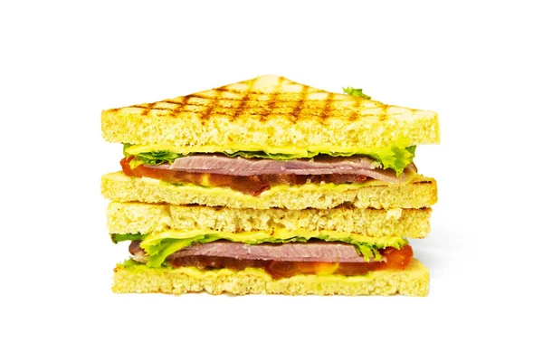 Sandwich Jambon Fromage Tomates Laitue Pain Grillé Vue Face Isolée — Photo