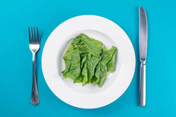 Φρέσκα Πράσινα Φύλλα Σπανάκι Ένα Λευκό Πιάτο Πιρούνι Μαχαίρι Φωτεινό — Φωτογραφία Αρχείου