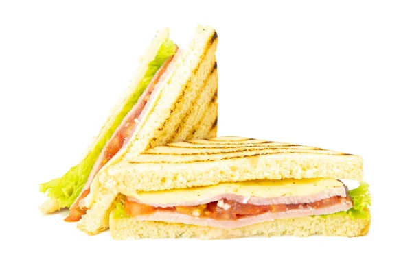 Sandwich Jambon Fromage Tomates Laitue Pain Grillé Vue Face Isolée — Photo