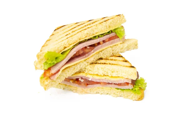 Sandwich Jambon Fromage Tomates Laitue Pain Grillé Vue Face Isolée — Photo