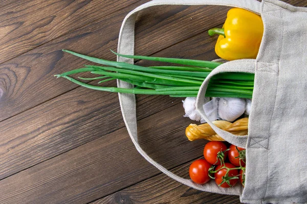 Woven Bag Different Health Food Dark Wooden Table Background Green — Stock Photo, Image