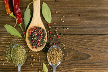 Ahşap bir kaşıkta çok renkli biber, acı kırmızı biber ve ahşap bir masada yan yana serpiştirilmiş. Açık alanlı en üstteki görünüm