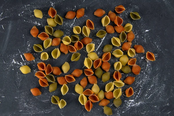 Pasta Conchiglie Rigate Mix Colorful Uncooked Shells Textured Italian Food — Stock Photo, Image