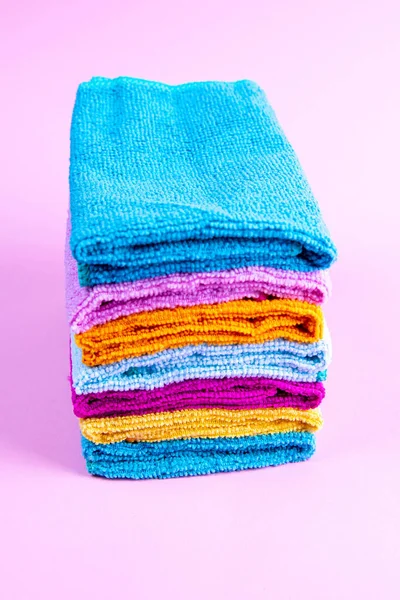 Multi Colored Towels Pink Background Pink Beige Yellow Orange Blue — Stock Photo, Image