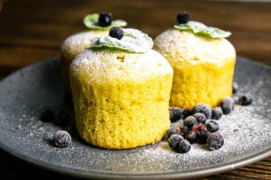 Koyu ahşap masada gri tabakta limonlu ve naneli yaban mersinli kek. Ön manzara, yakın plan..