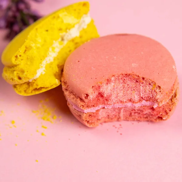 Zwei Makronen Nahaufnahme Und Frühlingsblumen Pastellfarbener Hintergrund Romantischer Morgen Geschenk — Stockfoto