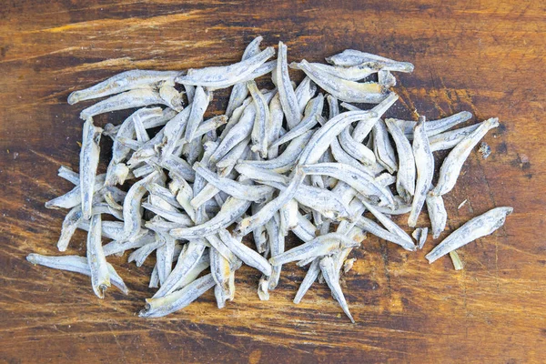 Dried Salted Anchovies Wooden Background Snack Fish Beer Close — Stock Photo, Image