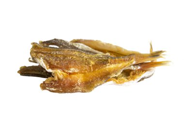 Beyaz arka planda izole edilmiş biberli Gümüş Kehribar Balığı. Atıştırmalıktan biraya. Kapat..