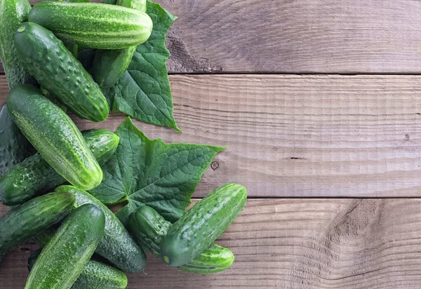 Verse Komkommers Met Bladeren Oude Houten Tafel Uitzicht Naar Boven — Stockfoto