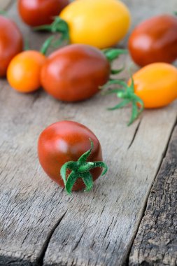 Yumuşak bir odak noktasında eski ahşap bir masada farklı türde taze domatesler. Ahşap arka planda domatesler.