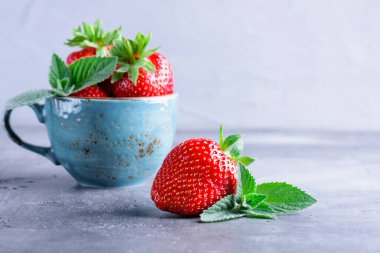 Gri beton arka planda taze çilek ve nane şekeri. Bir fincanda çilek ve nane. Çilek ve nane
