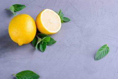 Fotokopi alanı olan gri beton zeminde taze limon ve nane.