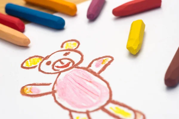 child drawing, teddy bear , selective focus