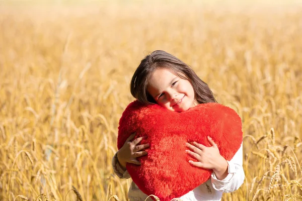 Little girl with heart shaped pillow in the wheat field — Stockfoto