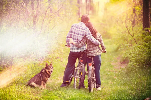 一对相爱的年轻情侣呆在森林里 骑着自行车 拥抱着相机 狗坐在附近 — 图库照片