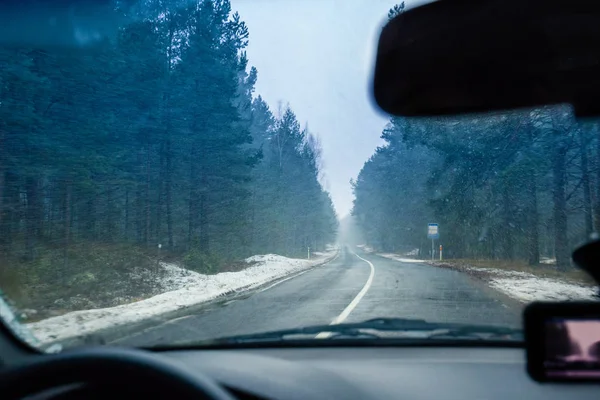 Vista Pára Brisas Dirigir Carro Estrada Inverno Nevasca — Fotografia de Stock