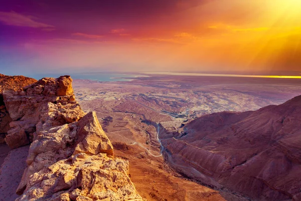 Hermoso Amanecer Sobre Fortaleza Masada Ruinas Del Palacio Del Rey — Foto de Stock