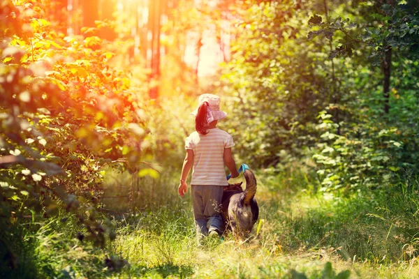 Bambina Che Cammina Con Cane Nella Foresta Torna Alla Fotocamera — Foto Stock