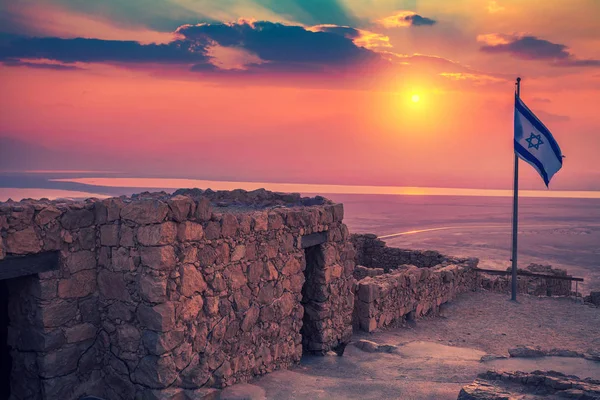 Hermoso Amanecer Sobre Fortaleza Masada Ruinas Del Palacio Del Rey —  Fotos de Stock