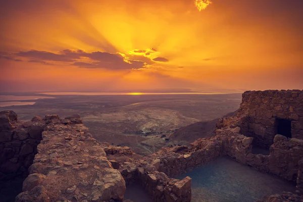 Beautiful Sunrise Masada Fortress Ruins King Herod Palace Judaean Desert — Stock Photo, Image