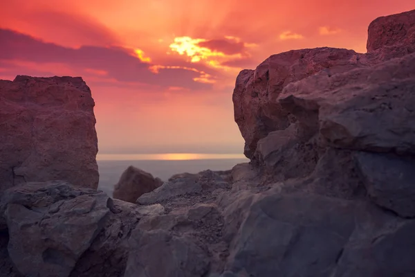 Vacker Soluppgång Över Masada Fästning Ruinerna Kung Herodes Palats Judeens — Stockfoto