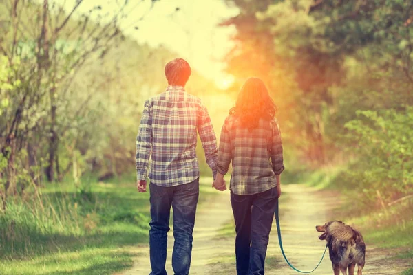 Счастливая Пара Влюблена Собаку Гуляющую Сельской Грунтовой Дороге Весной Закате — стоковое фото