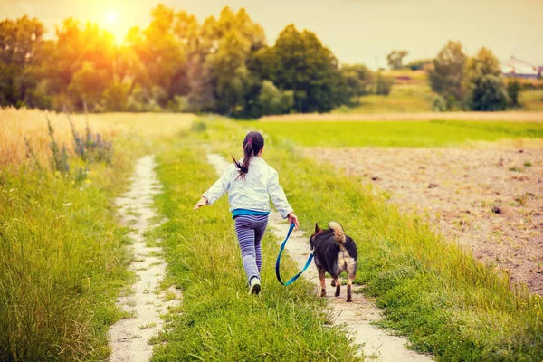 带狗的快乐小女孩在田野的泥土路上走 回到相机 — 图库照片