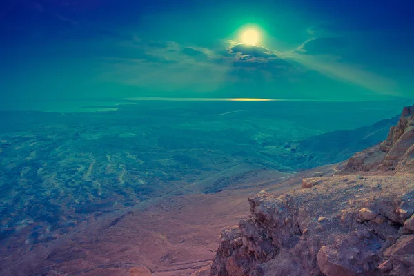 Vacker Soluppgång Över Masada Fästning Ruinerna Kung Herodes Palats Judeens — Stockfoto